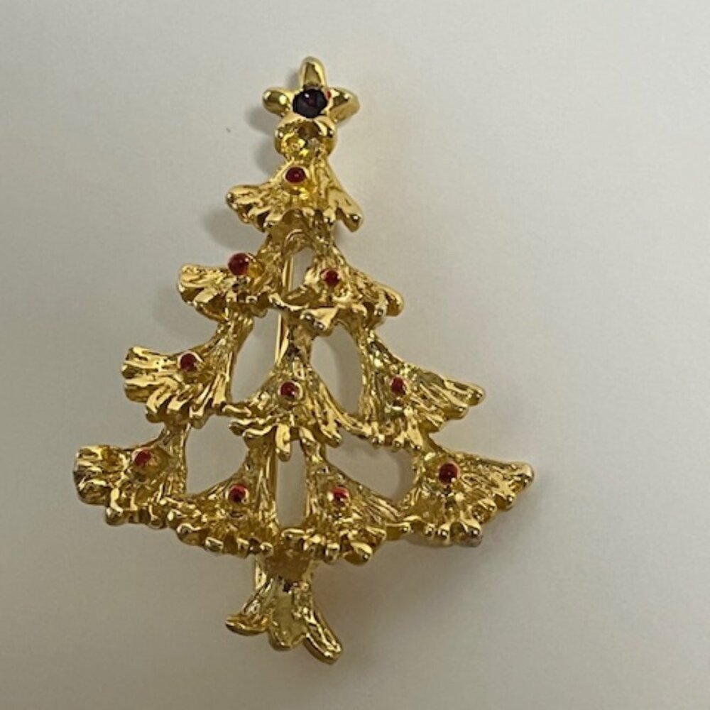 VTG Gold Tone Christmas Tree Red Painted Ornaments Holiday Festive Brooch Pin 2"